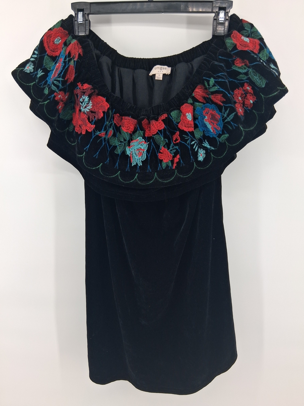 Umgee Black Velvet Strapless Dress with Red & Teal Floral Embroidery